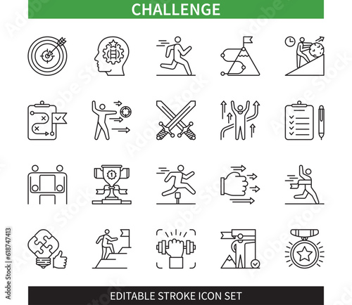 Editable line Challenge outline icon set. Motivation, Target, Potential, Overcome, Strong, Thirst for Victory, Trophy, Success. Editable stroke icons EPS