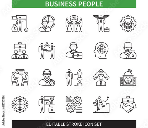 Editable line Business People outline icon set. Career, Business Meeting, Authority, Competitors, Manager, Organization, Cooperation, Job. Editable stroke icons EPS