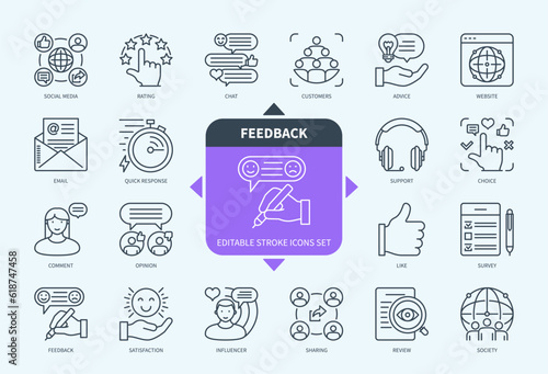 Editable line Feedback outline icon set. Influencer, Social Media, Rating, Support, Survey, Email, Opinion, Quick Response. Editable stroke icons EPS