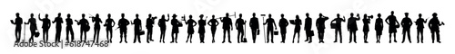 Different professional workers standing together vector silhouette set collection.