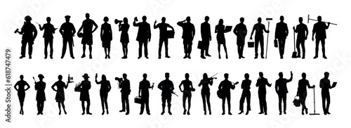 People with various occupations professions standing together in row vector flat black silhouettes set collection. photo