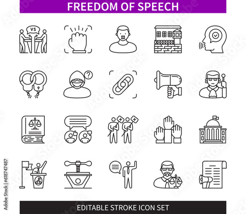 Editable line Freedom of Speech outline icon set. Protest, Anonymous, Freedom, Law, Constraint, Opinion, Democracy, Government. Editable stroke icons EPS