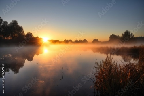 sunrise over tranquil lake, with mist rising from the water, created with generative ai