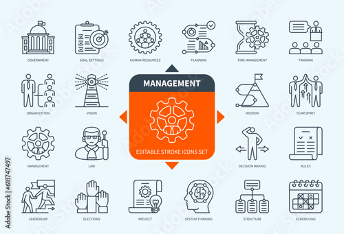 Editable line Management outline icon set. Goal Settings, Mission, Time Management, Leadership, Project, Training, Government, Organization. Editable stroke icons EPS