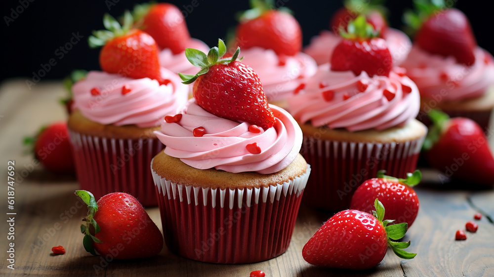 Cute and delicious strawberry cupcakes. It was displayed beautifully decorated. generative AI