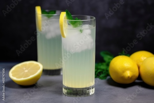 glass of lemonade with slice of lemon and sprig of fresh mint, created with generative ai