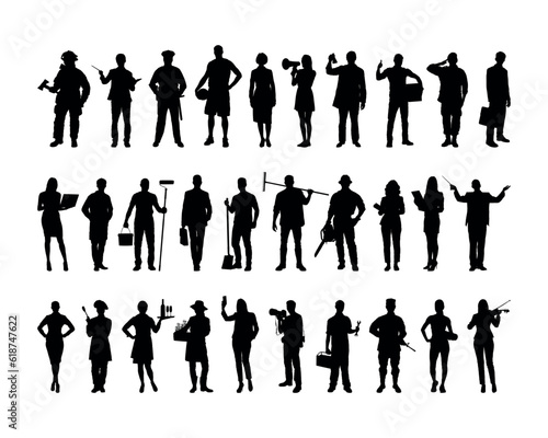 Group people different occupations or jobs standing in a row vector black silhouettes set collection.