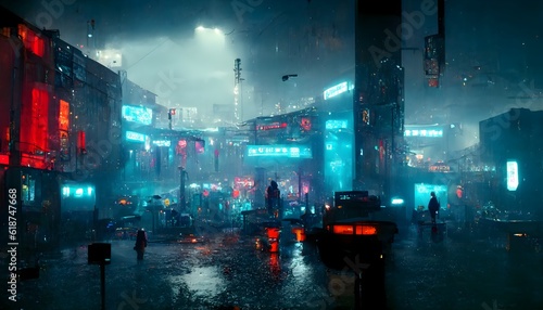 view of cyberpunk dystopian street Blade Runner style in a dark atmosphere under the rain neon lights night blue and red lights unreal engine photorealistic unreal engine VFX Octane render Cinematic  © Tara