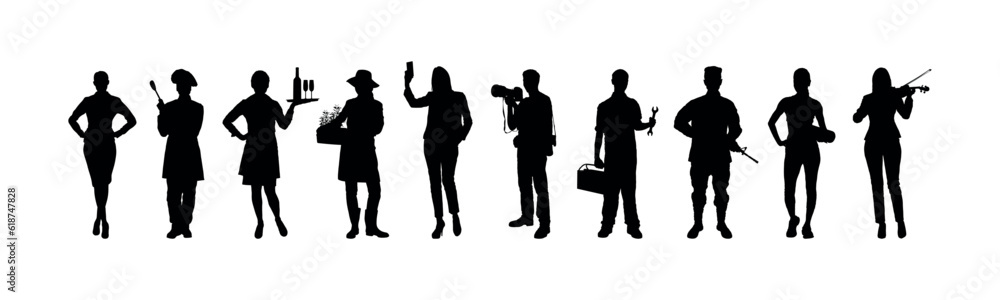 Collection of people different occupations or professions standing in a row vector silhouettes set.