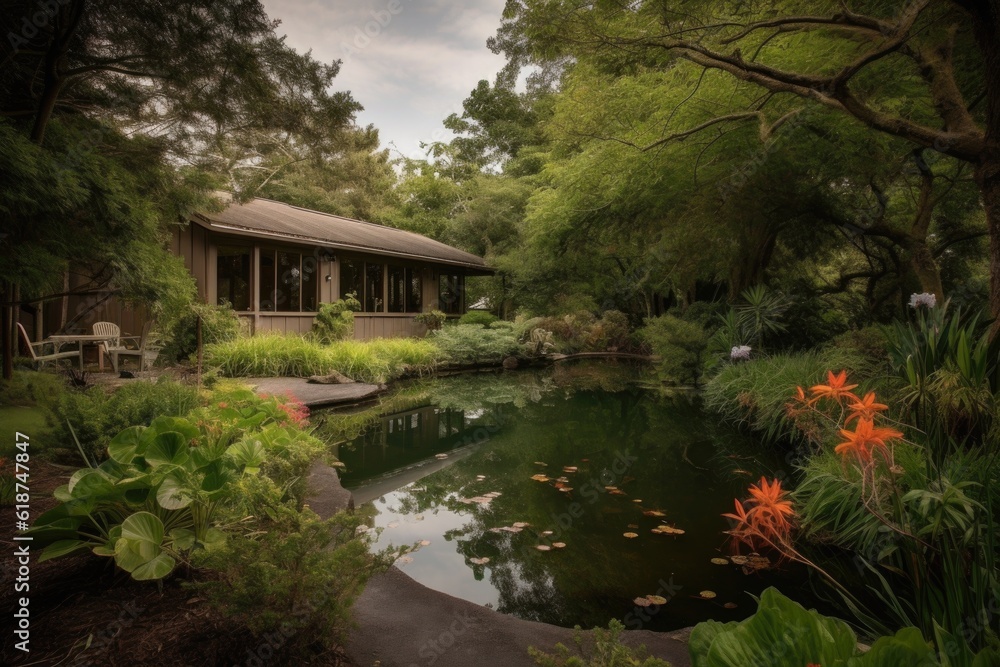 Obraz premium wellness retreat with view of tranquil pond, surrounded by lush greenery, created with generative ai
