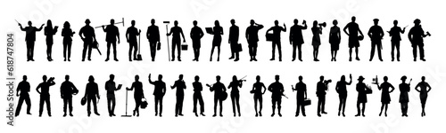 Collection of people different occupations or professions standing in a row vector silhouette set.