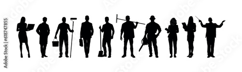 Set of people silhouettes different professions standing in a row on white background. Collection of people different jobs standing together silhouettes.