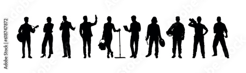 Group people different occupations or professions standing in a row vector silhouettes set.