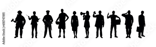 People with various occupations standing together in row vector flat black silhouettes set collection.