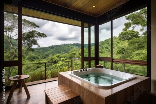 room with view of the outdoors and a hot bath in wellness retreat, created with generative ai © altitudevisual