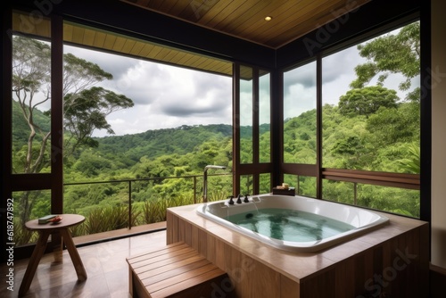 room with view of the outdoors and a hot bath in wellness retreat  created with generative ai