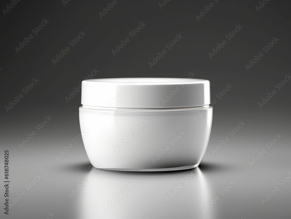 AI generated illustration of a white round jar with a lid, on a gray background AI generated illustration of a white round jar with a lid, on a gray background