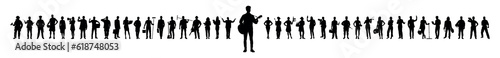 Guitarist standing in front of group people with various professions vector silhouettes set.