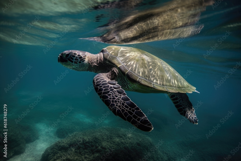 Obraz premium sea turtle swimming underwater, its flippers and shell glistening in the sunlight, created with generative ai