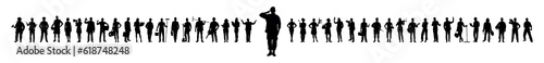 Male soldier salute standing in front of group people with various occupations vector silhouettes set.