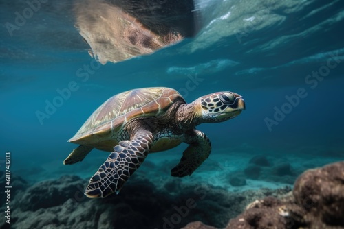 sea turtles swimming underwater in their natural environment, created with generative ai