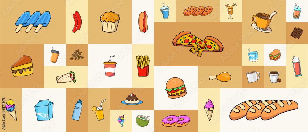Fast Food Snack Background. Set of icons in flat geometric style. Abstract signs. Drink and Snack Vector illustration