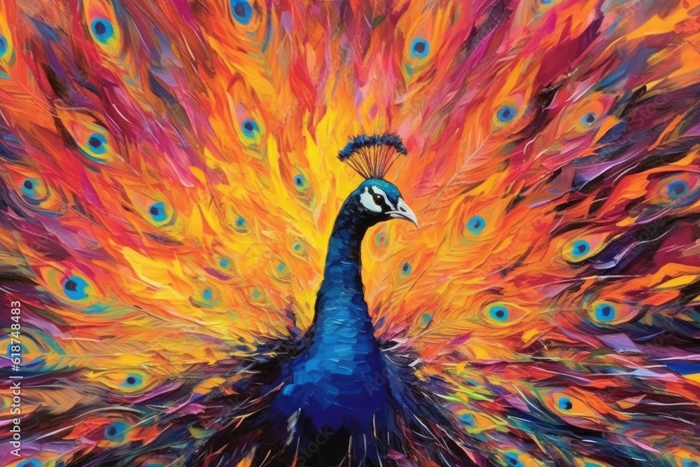 Obraz premium peacock form and spirit through an abstract lens. dynamic and expressive peacock print by using bold brushstrokes, splatters, and drips of paint. peacock raw power and untamed energy
