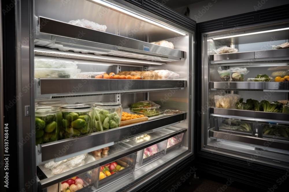 temperature-controlled refrigerator with shelves stocked with meals ready to be served, created with generative ai
