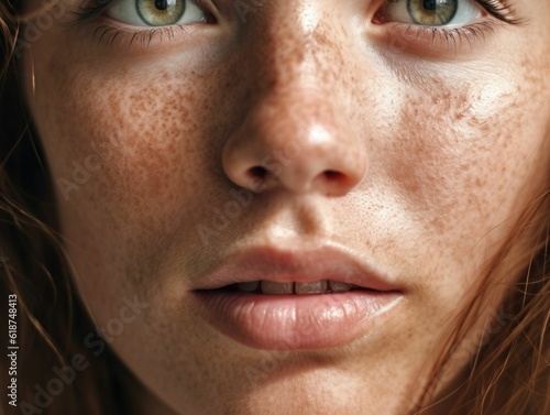 Portrait of a cheerful young woman with freckles  in sunlight - Ai generated photo