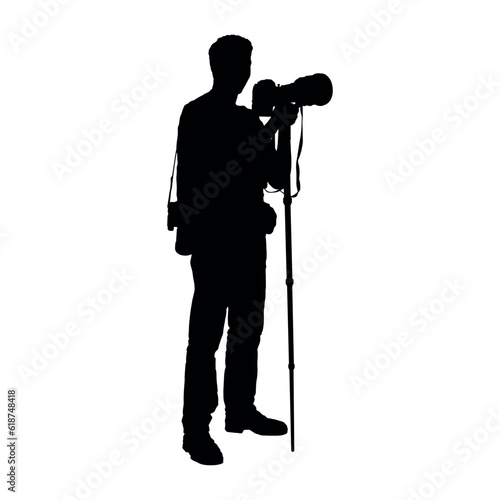 Photographer holding camera with monopod vector silhouette.