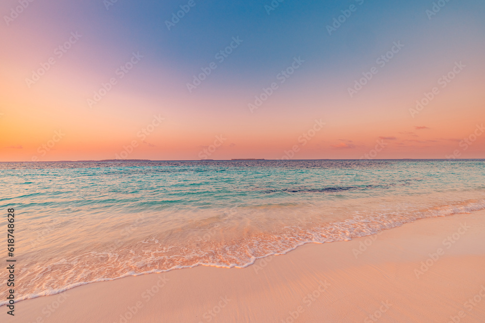 Closeup sand sea wave colorful summer panoramic beach landscape. Coast tropical island and seascape. Orange gold sunset sky, soft sandy calm tranquil Mediterranean relax sunlight, peaceful zen horizon