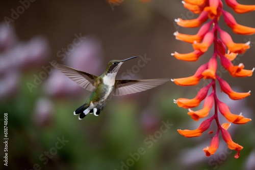 hummingbird in flight, hovering over flower, created with generative ai © altitudevisual