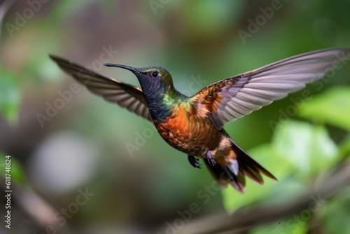 hummingbird in flight, wings fluttering and tail feathers visible, created with generative ai