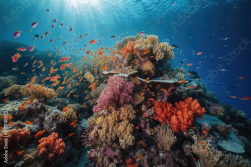 underwater scene, with schools of tropical fish swimming among colorful coral reefs, created with generative ai © altitudevisual