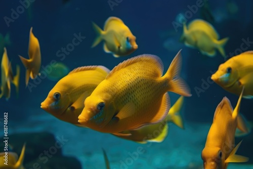 tropical fish swimming in school, their movements synchronized, created with generative ai © altitudevisual