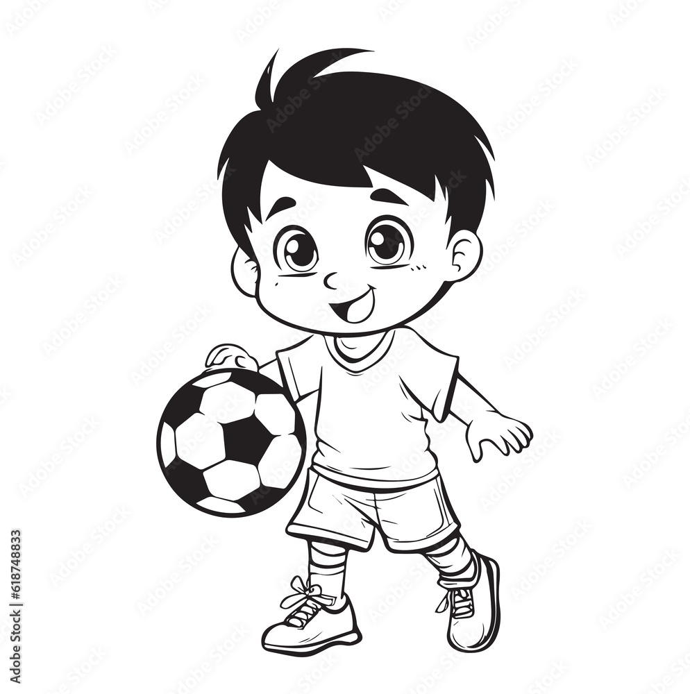 Outline Of boy with a soccer ball. Football. Line art, coloring book, illustration.