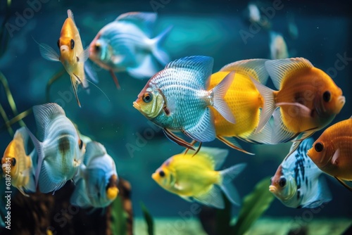 bunch of tropical fish swimming in school in aquarium tank, created with generative ai