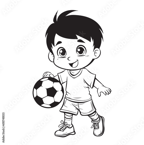 Outline Of boy with a soccer ball. Football. Line art, coloring book, illustration. © Maria designs