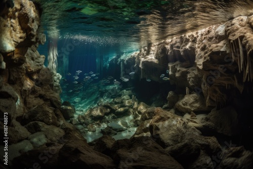 underwater cave, with schools of fish swimming among the natural formations, created with generative ai