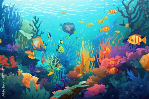 underwater scene with schools of colorful fish swimming past  created with generative ai