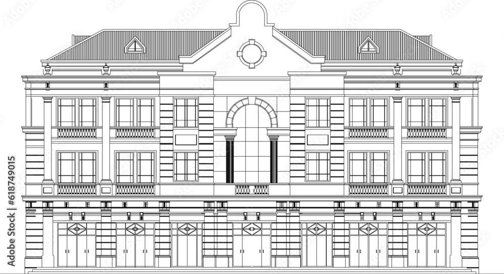 Naklejka premium Vector sketch illustration of classic vintage old colonial building architectural design for office administrative services