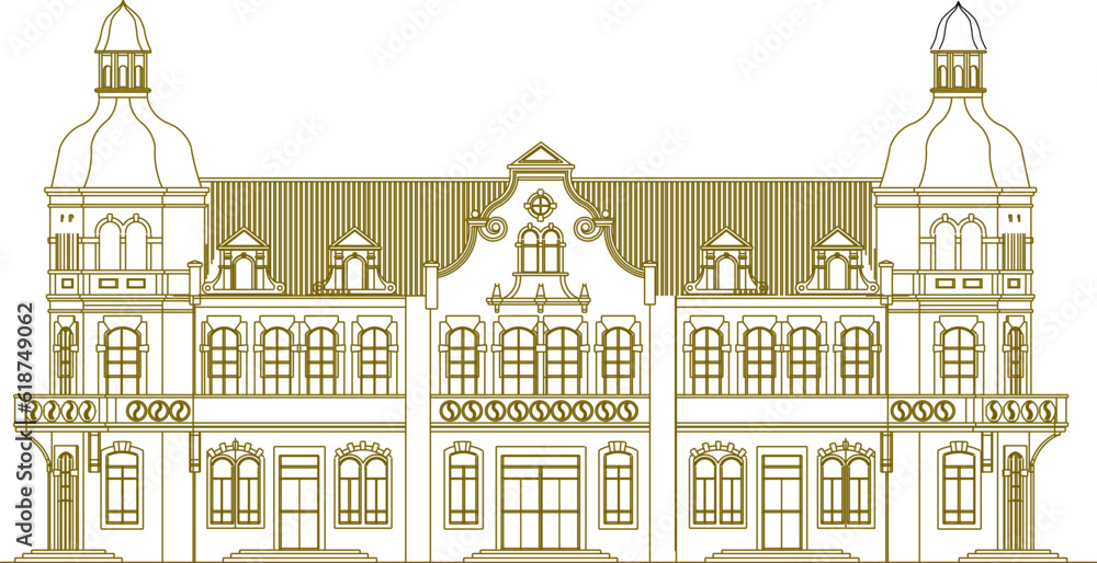 Fototapeta premium Vector sketch illustration of classic vintage old colonial building architectural design for office administrative services