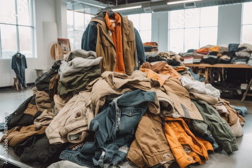 a variety of clothes, including pants, shirts and jackets that have been upcycled into new products, created with generative ai © altitudevisual