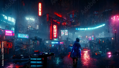 view of cyberpunk dystopian street Blade Runner style in a dark atmosphere under the rain neon lights night blue and red lights unreal engine photorealistic unreal engine VFX Octane render  © Lorraine