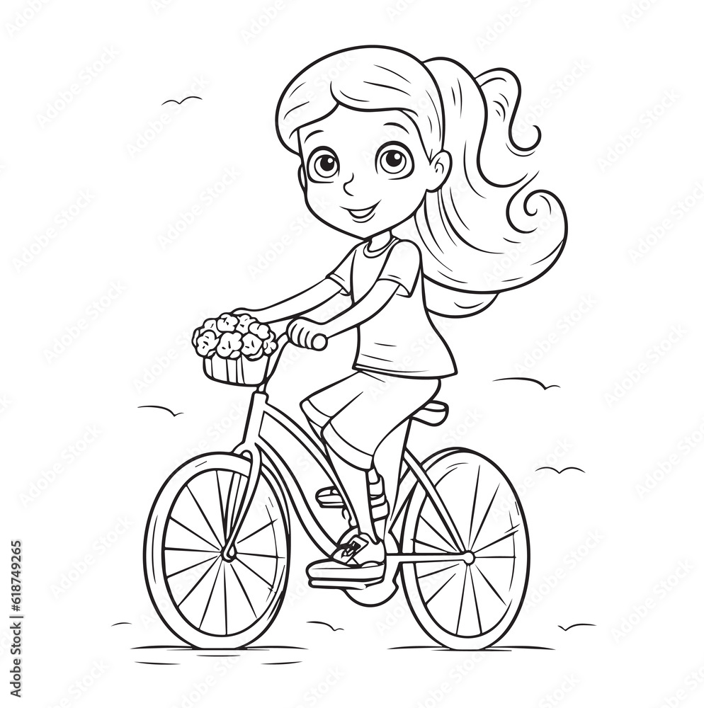 Happy little girl riding a bicycle. Vector black and white coloring page, line art, clipart Happy little girl riding a bicycle. Vector black and white coloring page, line art, clipart