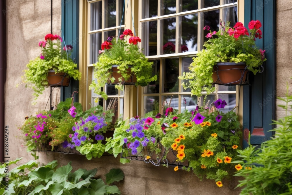 window garden with hanging baskets and colorful flowers, created with generative ai