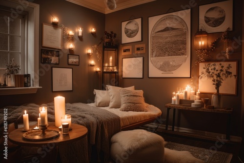 a cozy room with wall art, candles, and throws for comfort, created with generative ai