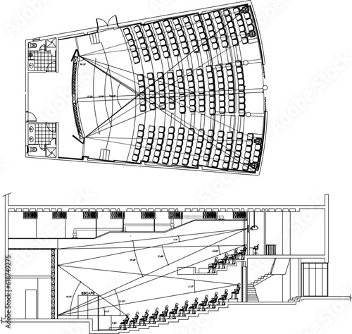 Vector sketch illustration of detailed architectural design of auditorium hall, music and dance performance hall 