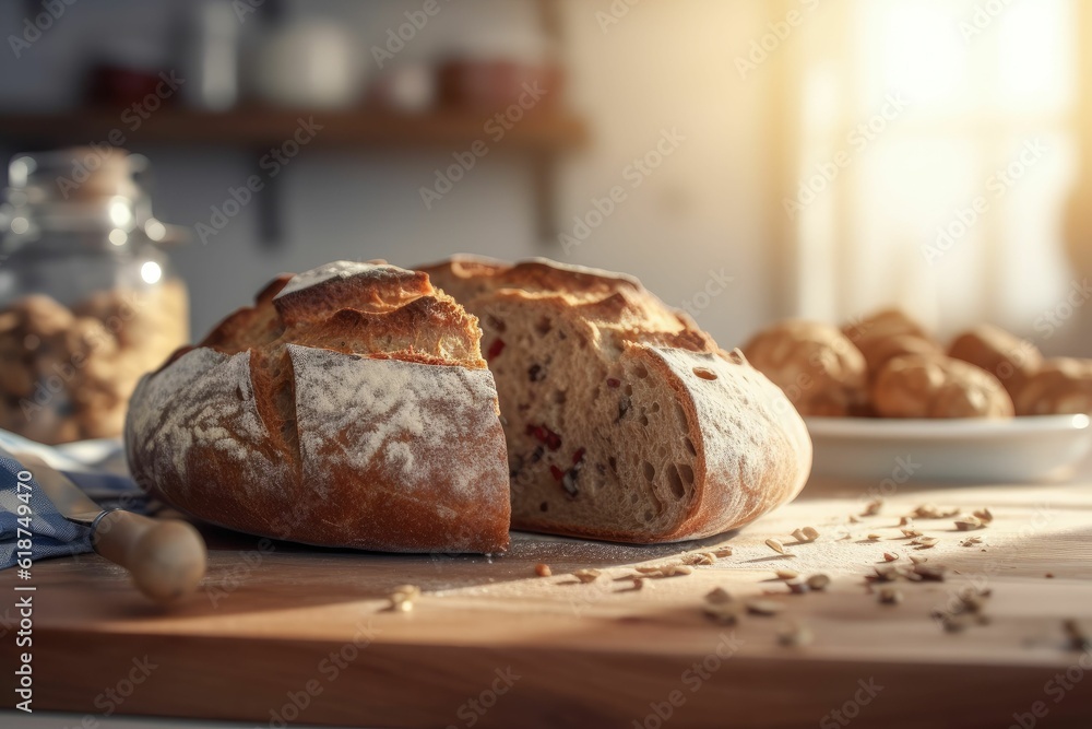 Loaf of freshly-baked sourdough bread with herbs and seasonings on a kitchen table - AI generated