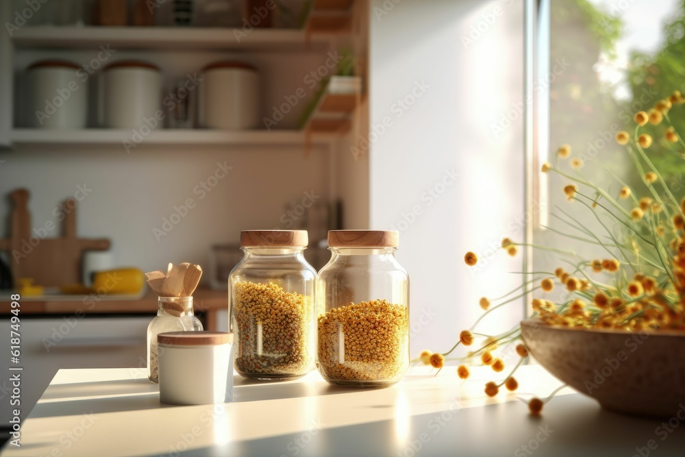 Countertop with clear glass jars containing cereals and seasonings - AI generated